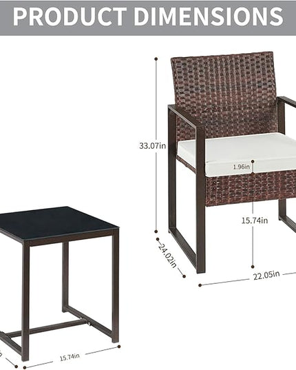 3 Pieces Patio Furniture Set Outdoor Wicker Bistro set Rattan Chair Conversation Sets with Coffee Table for Porch, Balcony,Garden,Backyard and Removable Cushions Beige - LeafyLoom