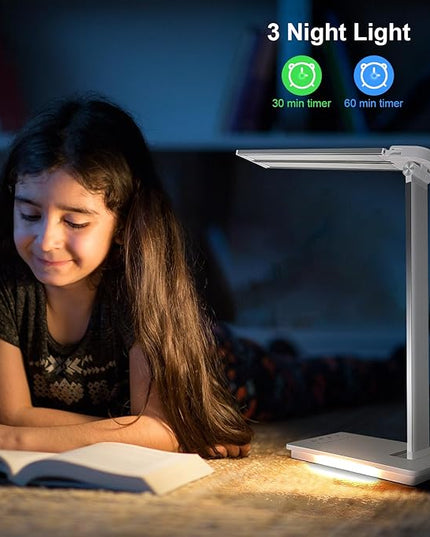 Desk Lamp Dimmable Table Lamp Foldable Reading Lamp Double Swing Arm Desk Light with USB Charging Port,5 Light Modes, Touch Control, Auto-Off Timer, Eye-Caring Led Desk Lamp (Silver) - LeafyLoom