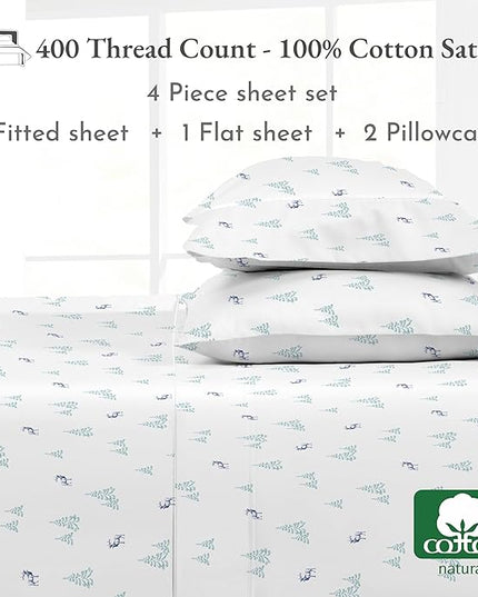 California Design Den Lodge Sheets King Size Printed Set, 400 Thread Count 100% Cotton Sateen 4 Pc Deep Pocket King Sheets & Pillowcase Set - Lodge Camp - LeafyLoom
