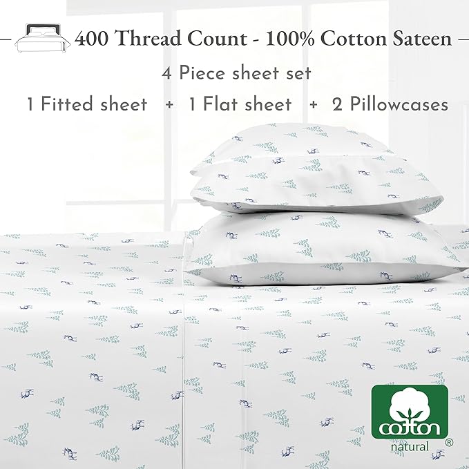 California Design Den Lodge Sheets King Size Printed Set, 400 Thread Count 100% Cotton Sateen 4 Pc Deep Pocket King Sheets & Pillowcase Set - Lodge Camp - LeafyLoom