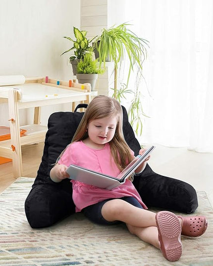 Clara Clark Reading Pillow for Kids, Small Back Pillow for Sitting Up in Bed, Memory Foam Back Support Pillow, Reading Pillows for Sitting in Bed, Black Gaming Pillow for Bed, with Arms and Pockets - LeafyLoom