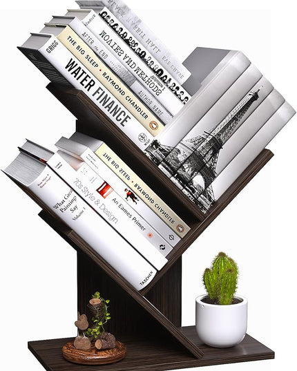 3 Tier Small Tree Bookshelf Desk Book Organizer Narrow Bookcases for Books Magazines CDs Free Standing Retro Wooden Storage Shelves for Home Office Bedroom Living Room Dark Walnut - LeafyLoom