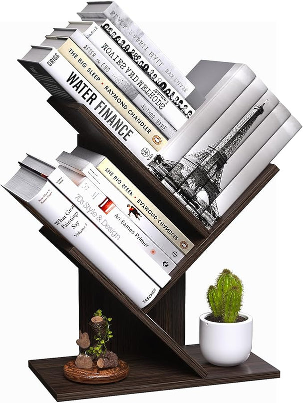 3 Tier Small Tree Bookshelf Desk Book Organizer Narrow Bookcases for Books Magazines CDs Free Standing Retro Wooden Storage Shelves for Home Office Bedroom Living Room Dark Walnut - LeafyLoom