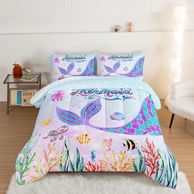 HOSIMA Mermaid Tail Comforter Set for Kids Girls Teens Bedroom Decor,Cartoon Scallop Sea Turtle Sea Horses Octopus Kawaii Bedding Set Mermaid Fish Scale Queen Comforter Set.Ocean Comforter - LeafyLoom