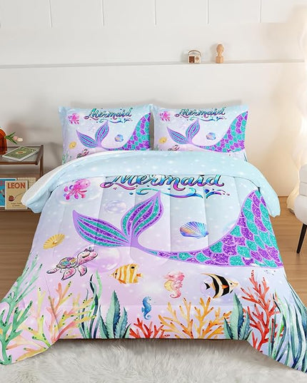HOSIMA Mermaid Tail Comforter Set for Kids Girls Teens Bedroom Decor,Cartoon Scallop Sea Turtle Sea Horses Octopus Kawaii Bedding Set Mermaid Fish Scale Comforter,Ocean Full Size Bed in a Bag Set. - LeafyLoom
