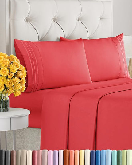 Cal King Size 4 Piece Sheet Set - Comfy Breathable & Cooling Sheets - Hotel Luxury Bed Sheets for Women & Men - Deep Pockets, Easy-Fit, Extra Soft & Wrinkle Free Sheets - Red Oeko-Tex Bed Sheet Set - LeafyLoom