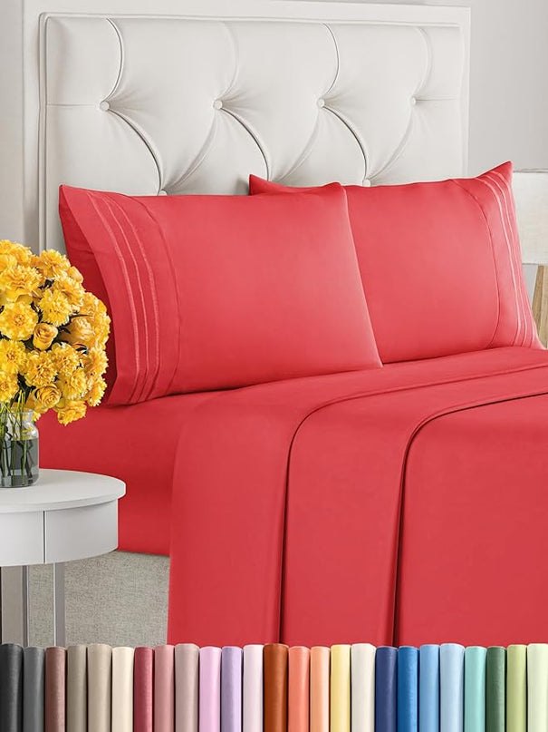 Cal King Size 4 Piece Sheet Set - Comfy Breathable & Cooling Sheets - Hotel Luxury Bed Sheets for Women & Men - Deep Pockets, Easy-Fit, Extra Soft & Wrinkle Free Sheets - Red Oeko-Tex Bed Sheet Set - LeafyLoom
