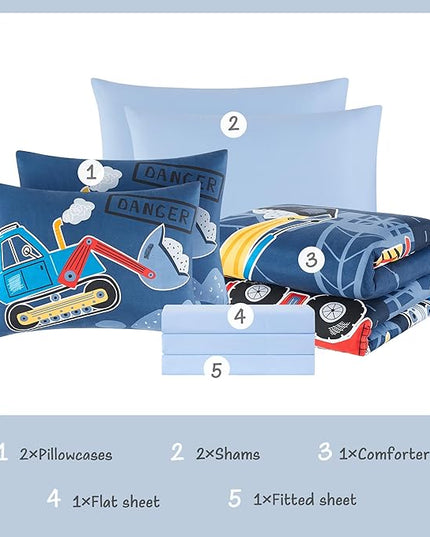Truck Tractor Excavator Full Size Comforter Sets - Bedding Sets Full 7 Pieces for Boys, Glow in The Dark Bed in A Bag Full Size for Kids, Teens - LeafyLoom