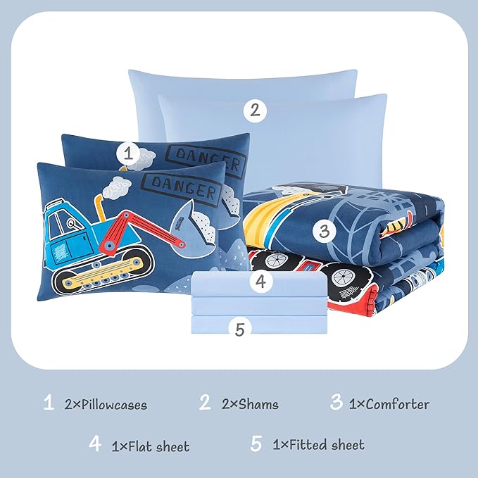 Truck Tractor Excavator Full Size Comforter Sets - Bedding Sets Full 7 Pieces for Boys, Glow in The Dark Bed in A Bag Full Size for Kids, Teens - LeafyLoom