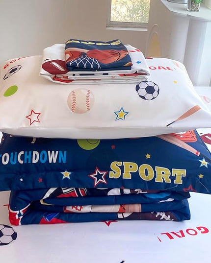 Sports Comforter Set Twin Size for Boys Kids Teens 7 Piece Basketball Baseball Bed in A Bag Soccer Football Trophies Bedding Set All Season Lightweight - LeafyLoom