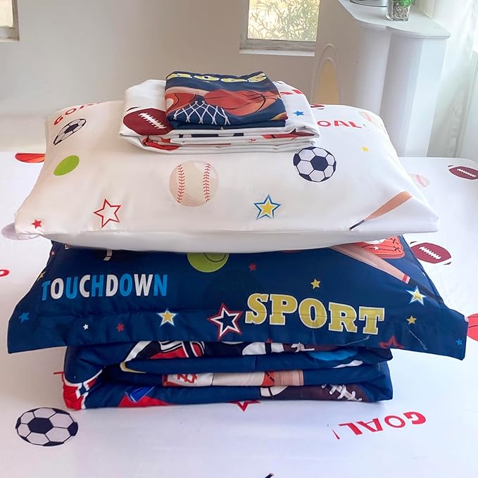 Sports Comforter Set Twin Size for Boys Kids Teens 7 Piece Basketball Baseball Bed in A Bag Soccer Football Trophies Bedding Set All Season Lightweight - LeafyLoom