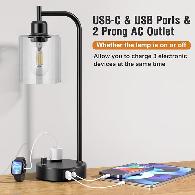 Industrial Nightstand Lamps for Bedrooms Set of 2 - Fully Dimmable Bedside Lamps with USB A C Ports and Outlet, Black Table Lamps with Clear Glass Shade for Living Room, Desk Lamps for Office Reading - LeafyLoom