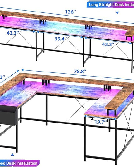 U Shaped Computer Gaming Desk, Reversible L Shaped Desk with Power Outlets, LED Strip & Monitor Stand, Large Corner Desk with Storage Shelves for Home Office, Rustic Brown - LeafyLoom