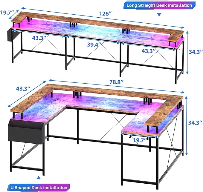 U Shaped Computer Gaming Desk, Reversible L Shaped Desk with Power Outlets, LED Strip & Monitor Stand, Large Corner Desk with Storage Shelves for Home Office, Rustic Brown - LeafyLoom
