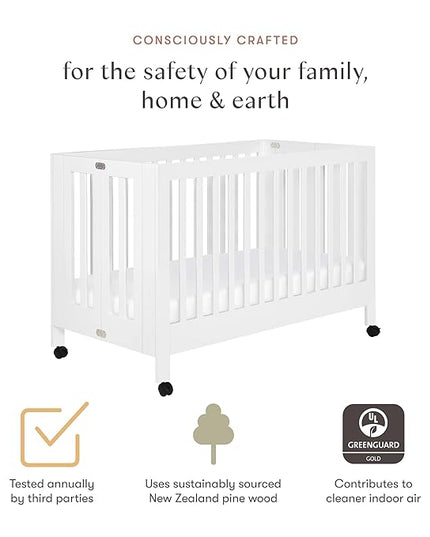 Babyletto Maki Full-Size 2-in-1 Portable Folding Crib with Toddler Bed Conversion Kit in White, Greenguard Gold Certified - LeafyLoom