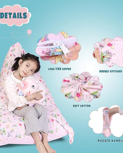 Stuffed Animal Storage Bean Bag Chair Cover, Cotton Pink Unicorn Rainbow Plush Toy Storage Stuff and Sit Seat for Kids/Teens/Adults, 52" x 31" Extra Large Triangle Sofa, 200L/52Gal, Cover Only - LeafyLoom