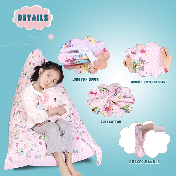 Stuffed Animal Storage Bean Bag Chair Cover, Cotton Pink Unicorn Rainbow Plush Toy Storage Stuff and Sit Seat for Kids/Teens/Adults, 52" x 31" Extra Large Triangle Sofa, 200L/52Gal, Cover Only - LeafyLoom
