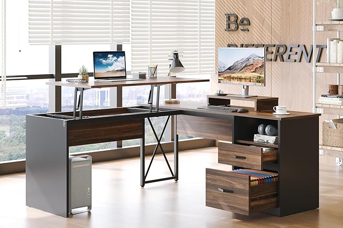 Bestier Lift Top L Shaped Desk with File Drawer, 55'' x 55'' Office Desk with Reversible Storage Drawers, L Shaped Standing Desk with Computer Monitor Stand (Walnut, 55'' x 55'') - LeafyLoom