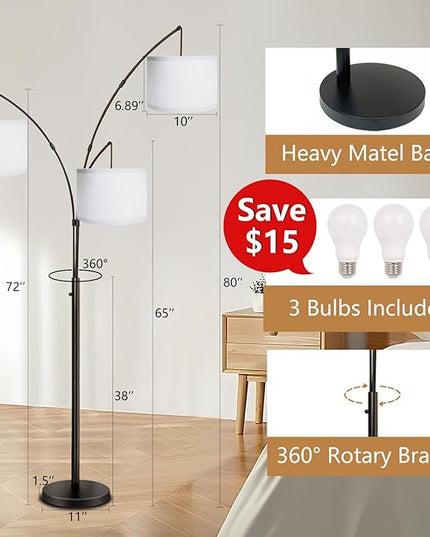 Arc Floor Lamps for Living Room,Modern Mid Century Tall Standing Floor Lamp with Heavy Base for Bedroom Office,3-Light Floor Lamp with Adjustable Hanging and 3 LED Bulbs (Black+White Shade) - LeafyLoom