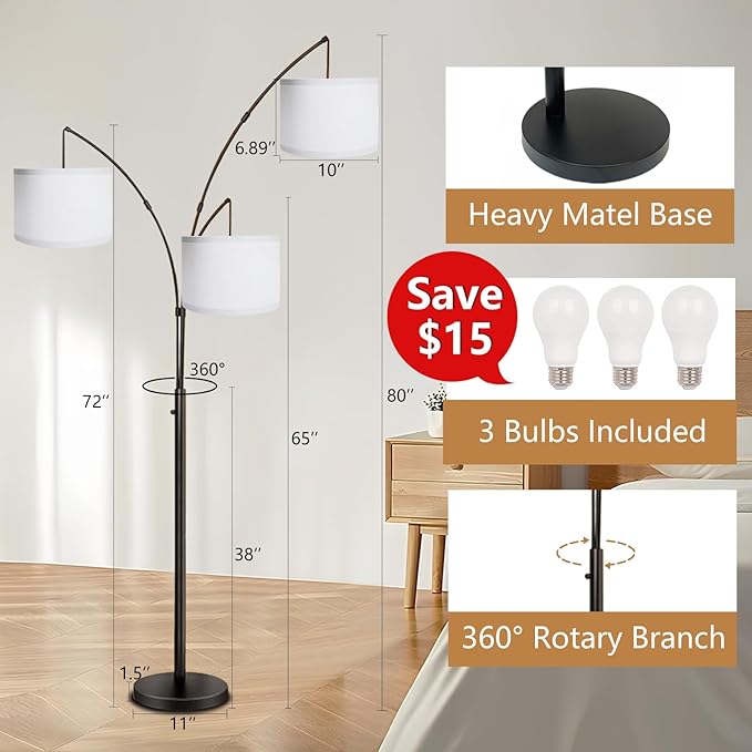 Arc Floor Lamps for Living Room,Modern Mid Century Tall Standing Floor Lamp with Heavy Base for Bedroom Office,3-Light Floor Lamp with Adjustable Hanging and 3 LED Bulbs (Black+White Shade) - LeafyLoom