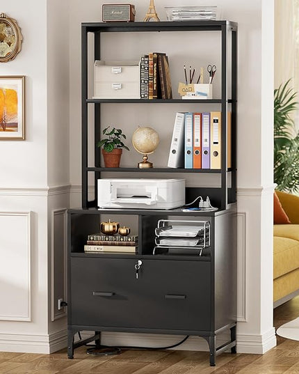 Homieasy File Cabinet with Charging Station, Vertical Filing Cabinet with Lock & Large Drawer, Printer Stand with Storage Shelves, Office Storage Cabinet fits Letter/A4/Legal Size, Black - LeafyLoom