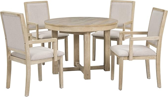 Kitchen 5-Piece Set, Two-Size Round to Oval Extendable Butterfly Leaf Table and 4 Upholstered Dining Chairs with Armrests, Natural Wood Wash - LeafyLoom