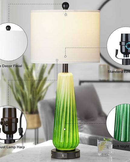 28" Green Glass Table Lamps Set of 2, Modern Table Lamps with USB A+C Ports & AC Outlet, Touch Control Bedside Nightstand Lamp with Crystal Night Light & White Fabric Shade for Bedroom(Bulbs Included) - LeafyLoom
