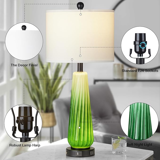 28" Green Glass Table Lamps Set of 2, Modern Table Lamps with USB A+C Ports & AC Outlet, Touch Control Bedside Nightstand Lamp with Crystal Night Light & White Fabric Shade for Bedroom(Bulbs Included) - LeafyLoom