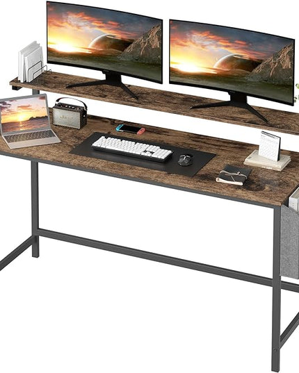 Shintenchi 55 inch Computer Desk with Monitor Stand, Stable Design Writing Desk, Study Workstation Home Office Table with Storage Bag & Hook, Vintage Brown - LeafyLoom