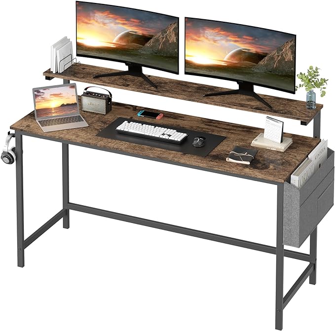 Shintenchi 55 inch Computer Desk with Monitor Stand, Stable Design Writing Desk, Study Workstation Home Office Table with Storage Bag & Hook, Vintage Brown - LeafyLoom