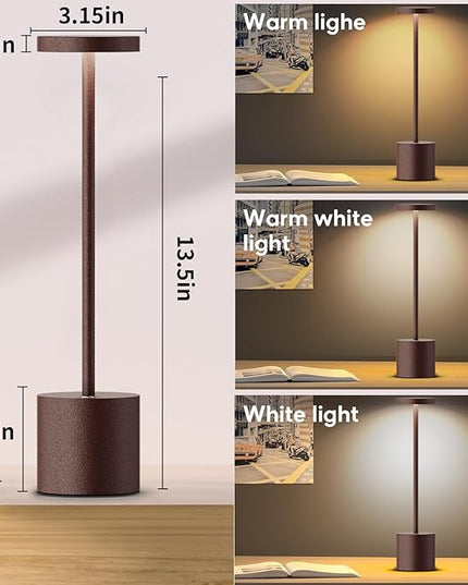 Rechargeable Cordless LED Table Lamp, 6000mAh Battery Operated 3 Level Dimmable Portable Tables Lights Reading Lamps for Restaurant Dining 2Pack Rust Desk Lamps - LeafyLoom