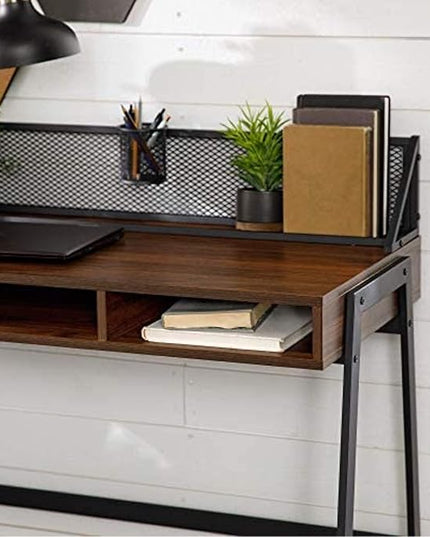 Walker Edison Industrial Mesh Wood Laptop Computer Writing Desk Home Office Workstation Small, 42 Inch, Dark Walnut - LeafyLoom