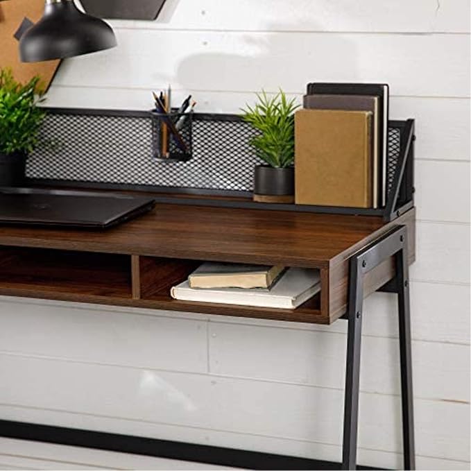 Walker Edison Industrial Mesh Wood Laptop Computer Writing Desk Home Office Workstation Small, 42 Inch, Dark Walnut - LeafyLoom