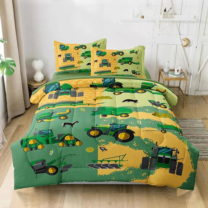 Full Construction Bedding Set for Boys Kids Farm Tractor Bedding 5 Pieces Cars Full Comforter Set for Boys, Full Truck Bed in a Bag Set Boys - LeafyLoom