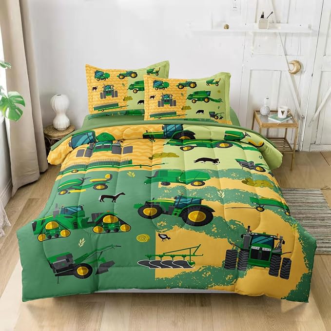 Twin Construction Bedding Set for Boys Kids Farm Tractor Bedding 4 Pieces Cars Twin Comforter Set for Boys, Twin Truck Bed in a Bag Set Boys - LeafyLoom