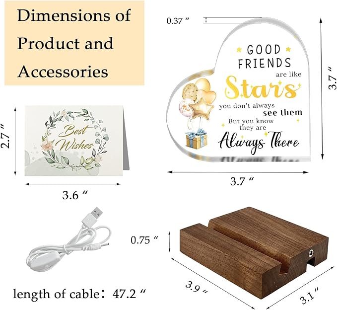 Birthday Gifts for Women Good Friends are Like Stars Night Lights Gold Acrylic Christmas Gift for Sister Friendship Gifts USB Night Lamp Keepsake Home Decoration 3.7" - LeafyLoom