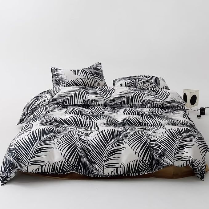 Black Leaves Comforter Cal King Black and White Palm Leaf Printed Comforter Set Modern Boho Black Tropical Botanical Leaves Bed Quilt Women Men Soft Floral Palm Black California King Comforter - LeafyLoom