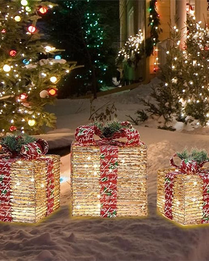 [Ultra-Large 15.5"x13.5"x11" Christmas Set of 3 Lighted Rattan Gift Boxes Decorations Pre-lit 91 Super-Bright LED with Flashers,for Indoor Outdoor Pathway Holiday Party Home(Warm White) GLOWNOVA