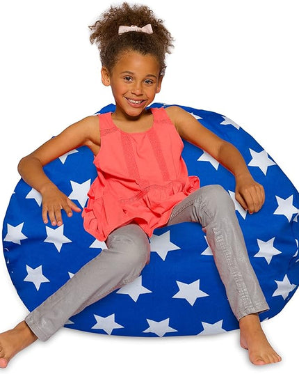 Posh Creations Bean Bag Chair for Kids, Teens, and Adults Includes Removable and Machine Washable Cover, 38in - Large, Canvas White Stars on Blue - LeafyLoom