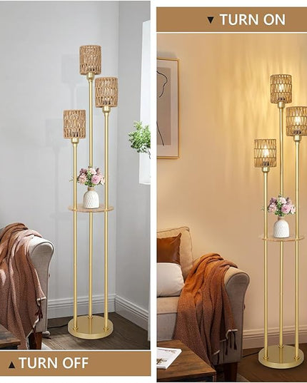 Boho Floor Lamp with Shelves, 3-Lights Farmhouse Tall Floor Lamp with ON/OFF Foot Switch, Gold Modern Floor Lamps with Rattan Shades, Rustic Standing Lamp for Living Room, Bedroom, Office - LeafyLoom