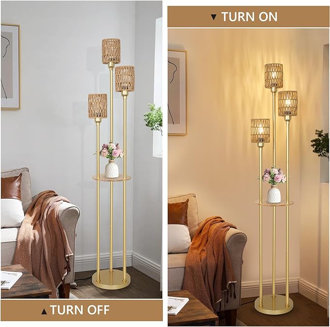Boho Floor Lamp with Shelves, 3-Lights Farmhouse Tall Floor Lamp with ON/OFF Foot Switch, Gold Modern Floor Lamps with Rattan Shades, Rustic Standing Lamp for Living Room, Bedroom, Office - LeafyLoom