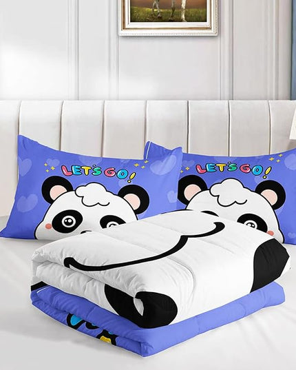 Datura home Panda Comforter Bedding Set for Boys Girls Kids Teens,Cartoon Panda Blue Heart Kawaii Animal Theme with 1 Comforter and 2 Pillowcases(Panda Twin) - LeafyLoom