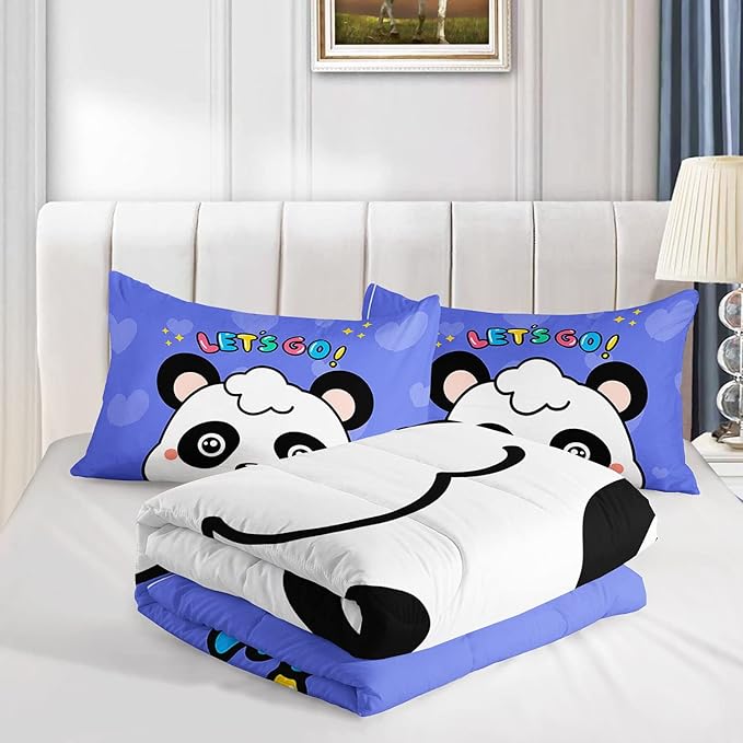 Datura home Panda Comforter Bedding Set for Boys Girls Kids Teens,Cartoon Panda Blue Heart Kawaii Animal Theme with 1 Comforter and 2 Pillowcases(Panda Twin) - LeafyLoom