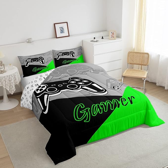 Feelyou Gamer Comforter Set Gaming Bedding Set for Teens Boys Video Game Decor Comforter Game Controller Quilted Duvet Set 1 Comforter with 2 Pillowcases Queen Green - LeafyLoom