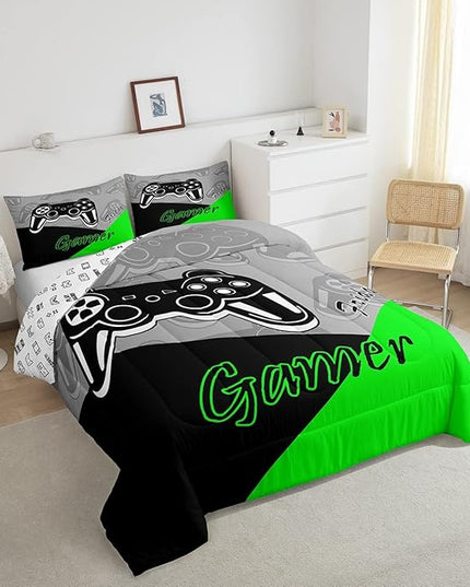 Feelyou Gamer Comforter Set Gaming Bedding Set for Teens Boys Video Game Decor Comforter Game Controller Quilted Duvet Set 1 Comforter with 2 Pillowcases King Green - LeafyLoom