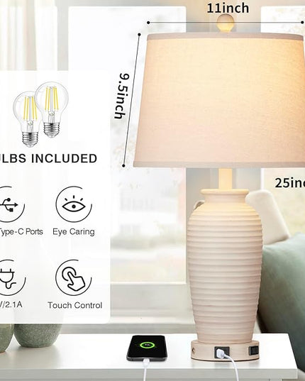 25" Farmhouse Jar Table Lamps Set of 2, 3 Way Touch Control Rustic Bedside Lamps with USB A+C Ports & AC Outlet, Pot Nightstand Lamps for Bedroom Living Room (LED Bulbs Included) - LeafyLoom