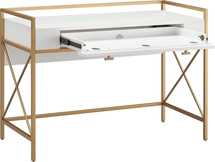 Leick Home Claudette Mixed Metal and Wood Flat Wall Computer Office Writing Desk with Drop Front Keyboard Drawer, White/Satin Gold, 32.13" W - LeafyLoom