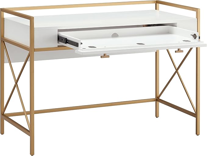 Leick Home Claudette Mixed Metal and Wood Flat Wall Computer Office Writing Desk with Drop Front Keyboard Drawer, White/Satin Gold, 32.13" W - LeafyLoom