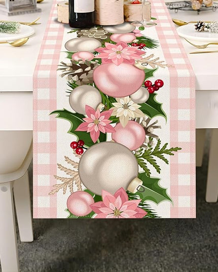 Nepnuser Pink Christmas Table Runner Pink and White Buffalo Check Plaid Xmas Decoration Seasonal Winter Holiday Home Kitchen Island Dining Room Decor Nepnuser