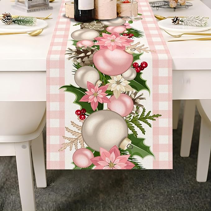 Nepnuser Pink Christmas Table Runner Pink and White Buffalo Check Plaid Xmas Decoration Seasonal Winter Holiday Home Kitchen Island Dining Room Decor Nepnuser